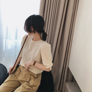 misslady韩国自留高品质薄款 上衣女 通勤圆领半身竖条纹理泡泡袖