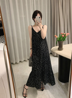 misslady黑色碎花复古无袖吊带荷叶边连衣裙女宽松显瘦法式中长款