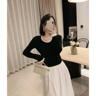 女软糯打底内搭叠穿新款 misslady坑条纹弹性拼色圆领长袖 针织衫