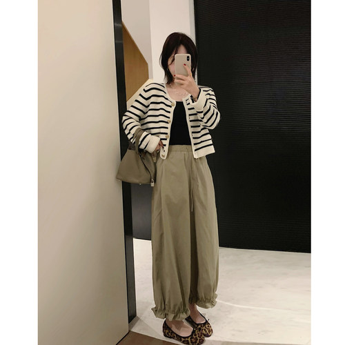 misslady舒适显瘦木耳边下摆松紧腰九分裤女高腰宽松哈伦遮胯休闲