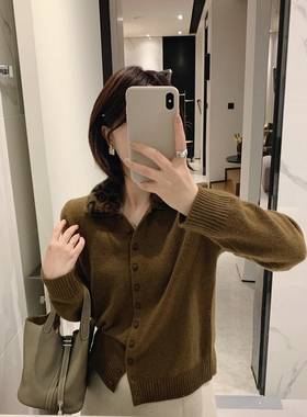 misslady洋气羊毛成分豹纹翻领针织开衫女士气质优雅短款上衣温柔