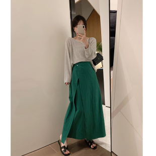 misslady自留复古高腰开衩斜襟中长款 半身裙气质显瘦百搭长裙子女