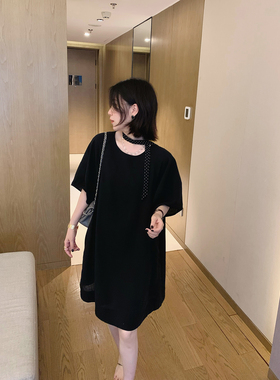 misslady宽松复古黑色短袖连衣裙女显瘦慵懒风温柔(送波点丝带）
