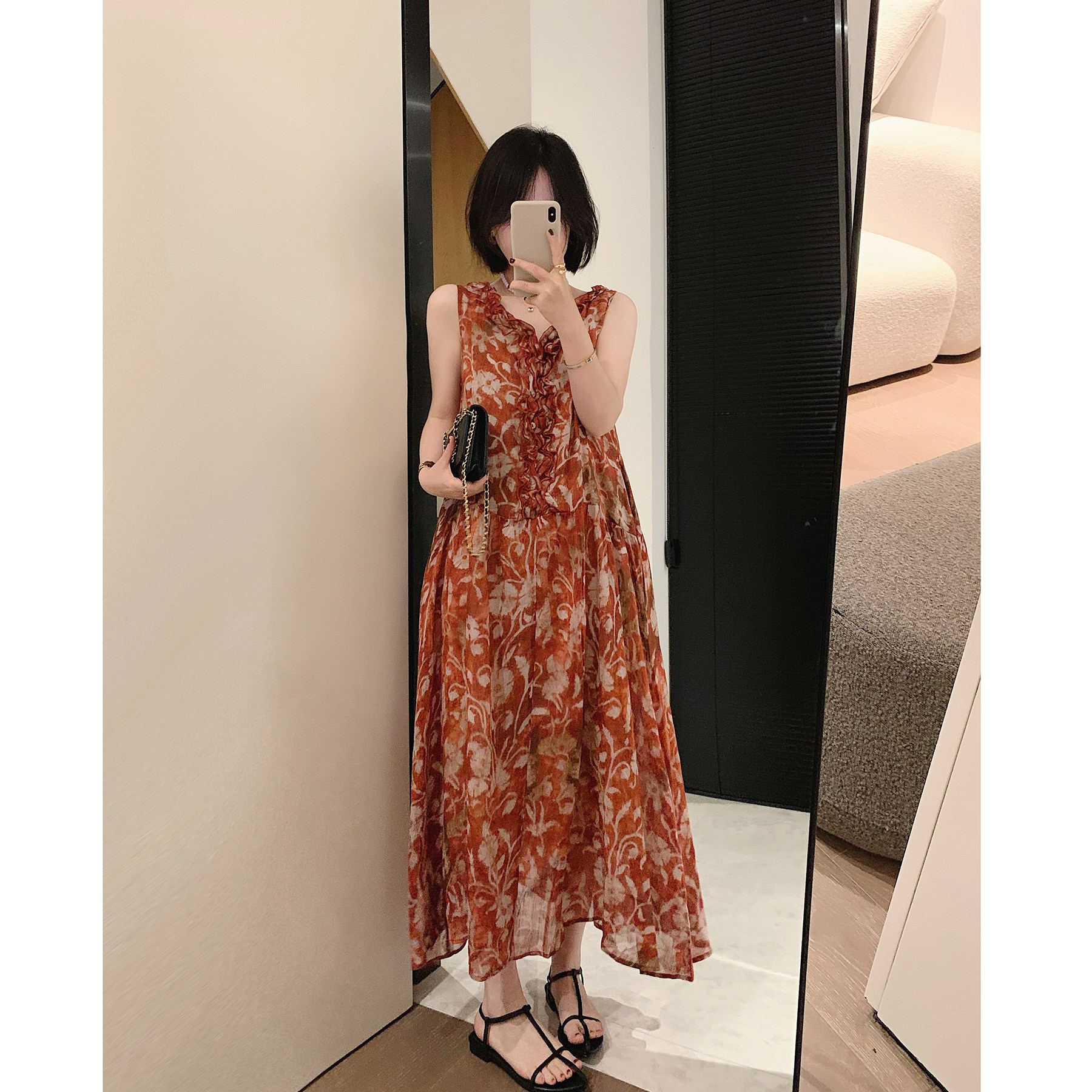 misslady复古花色木耳边无袖连衣裙女夏宽松法式宽松度假风中长款