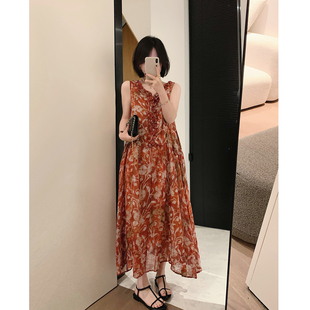 misslady复古花色木耳边无袖连衣裙女夏宽松法式宽松度假风中长款