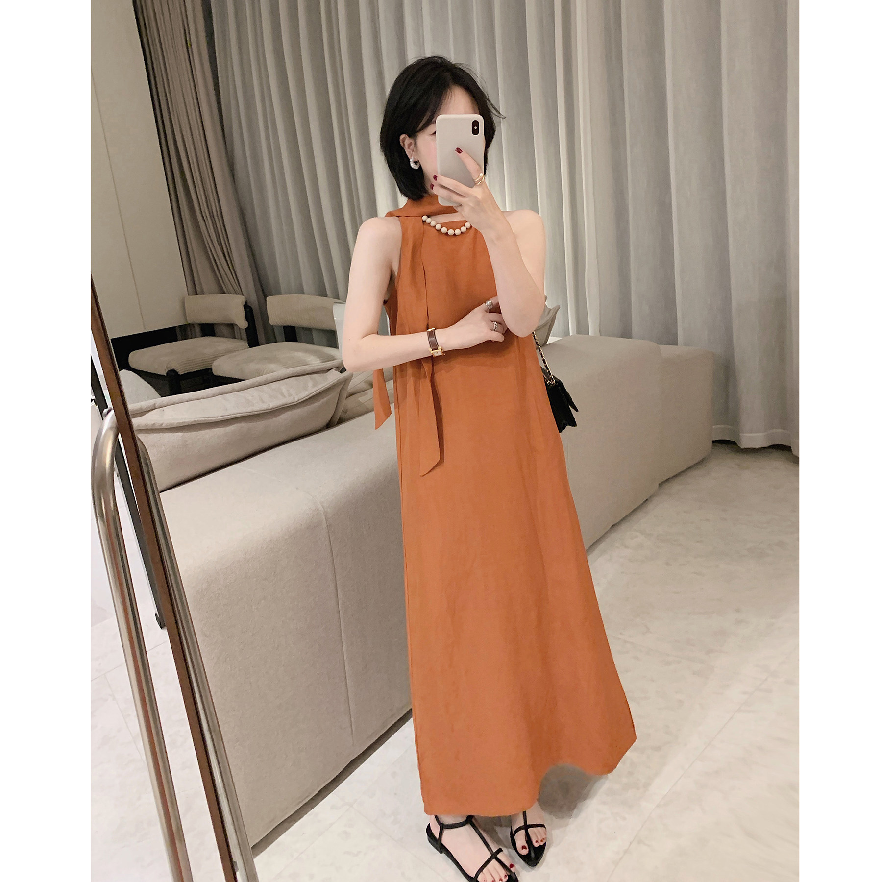 好显白显瘦橘色光版连衣裙