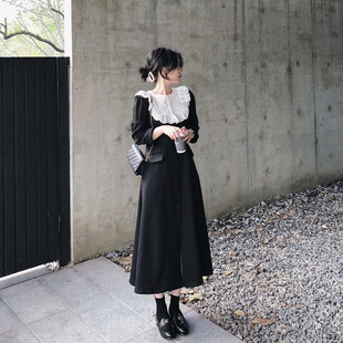 赫本风小黑裙中长款 misslady法式 复古蕾丝领连衣裙收腰加厚韩版