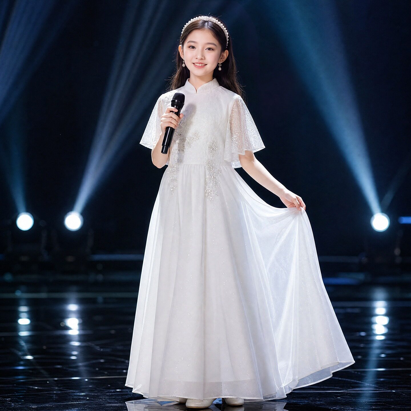 新中式女童大码礼服气质轻奢小众白色琵琶古筝考级演出服古风旗袍
