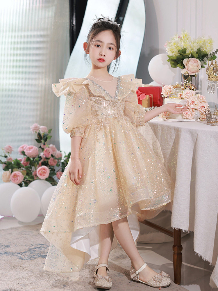 女大童香槟色高档大码礼裙小女孩微胖女生钢琴模特生日宴会蓬蓬裙