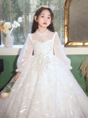 白色超仙气质公主裙女大童长袖高端生日礼服钢琴主持人模特演出服