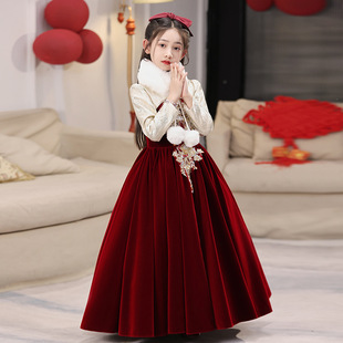 红色中国风汉服旗袍裙小女孩花童生日钢琴小提琴独奏演出加厚冬裙