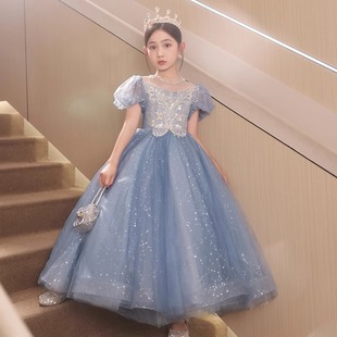 微胖MM晚礼服小女孩花童十二岁蓝色生日宴会钢琴主持人公主裙 大码