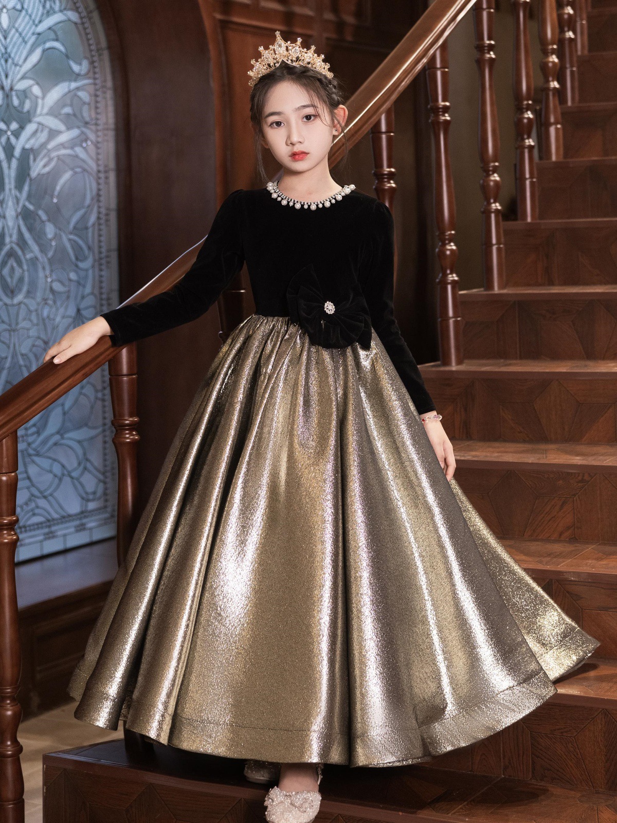 黑色赫本风气质公主裙女大童花童生日钢琴主持人小提琴合唱表演服