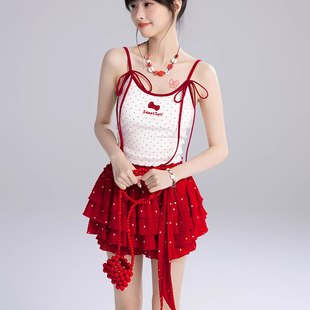 甜美小个子辣妹高级感短裤 吊带背心红色碎花半身裙女夏季 两件套装