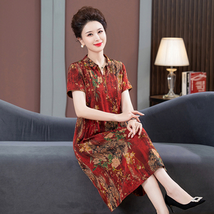 聲雨竹夏季 真絲連衣裙中老年女洋氣寬松高 桑蠶絲裙子媽媽夏裝 薄款