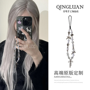 ins朴彩英同款手机链银色蝴蝶结吊坠手机短挂绳珍珠挂链包包装饰