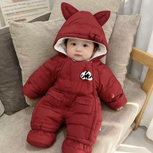 婴儿衣服冬季连体衣宝宝爬服保暖加绒加厚包脚哈衣外出抱衣拜年服