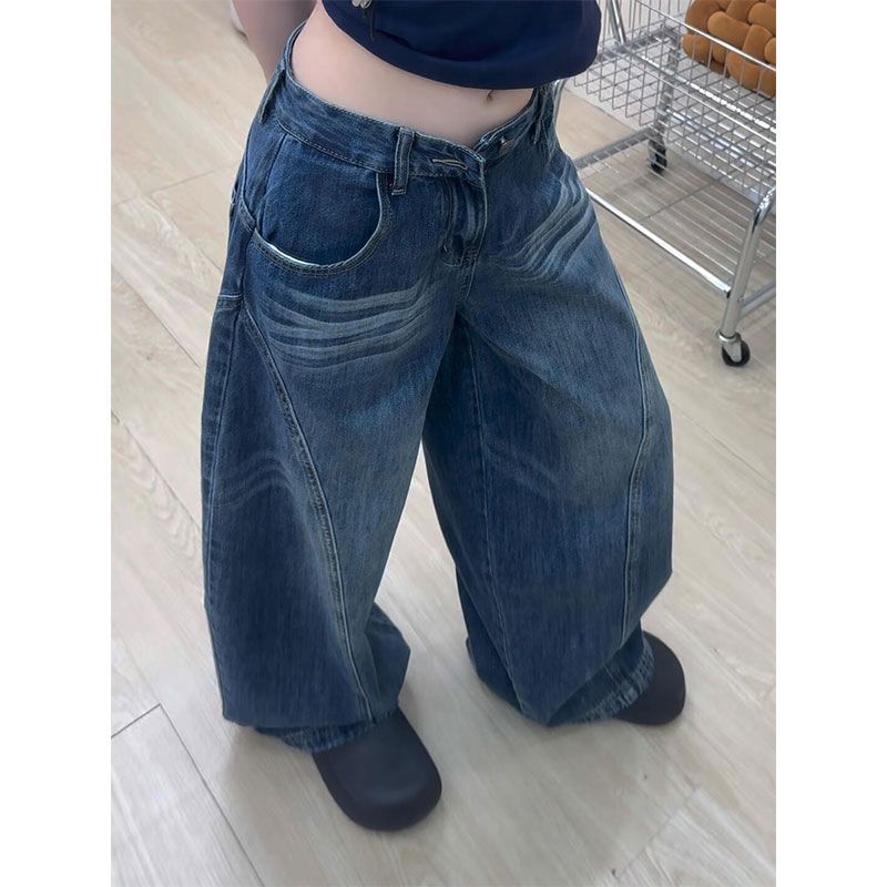 小个子一米五气质水洗弯刀阔腿牛仔裤女款直筒高腰宽松显瘦拖地裤