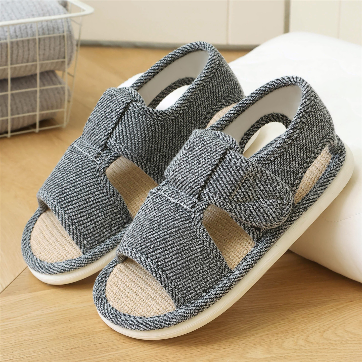 夏季亚麻凉鞋中老年人防滑透气吸汗布拖鞋男女款软底居家外穿平底