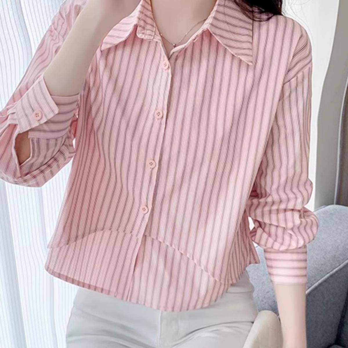 香港TIMO粉色条纹衬衫女长袖春秋减龄洋气小个子短款衬衣轻奢上衣