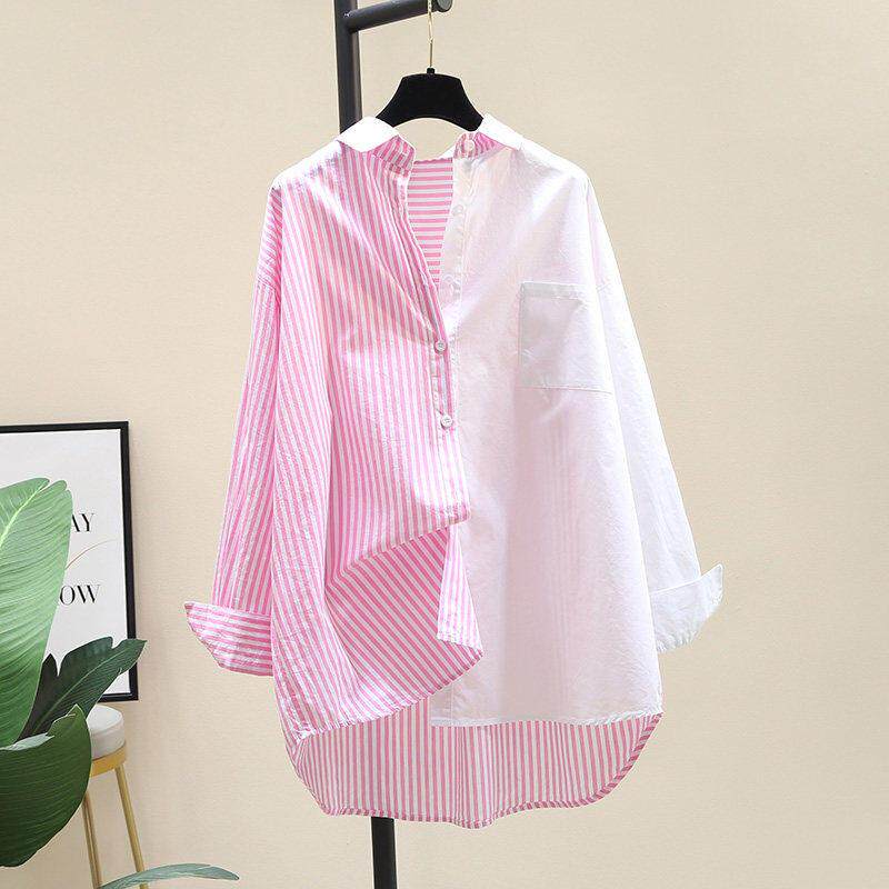 专柜粉色条纹拼接衬衫女2026新款春秋韩范文艺前短后长中长款衬衣