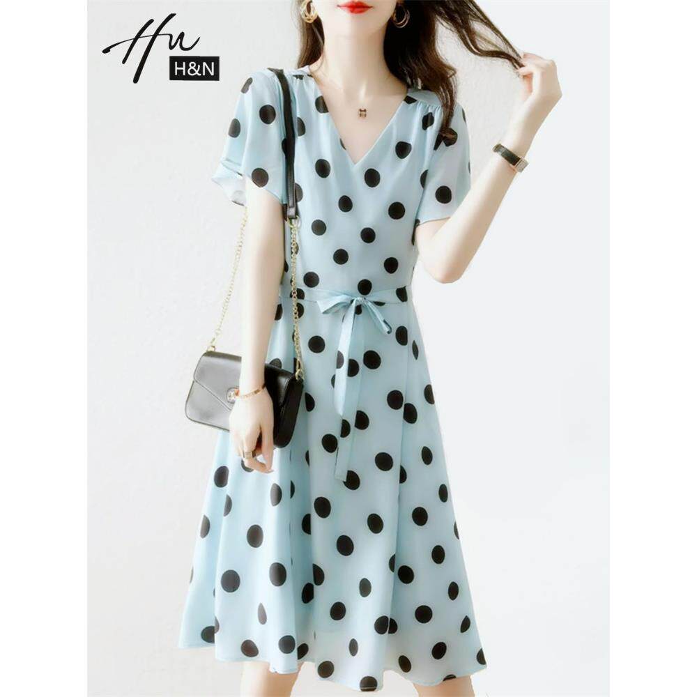 て波点连衣裙2025新款女夏季V领系带收腰显瘦气质减龄小清新裙子