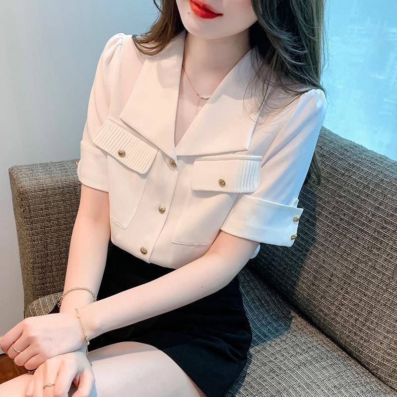 香港TIMO法式翻领短袖雪纺衬衫女夏季职业通勤上衣高级设计感衬衣
