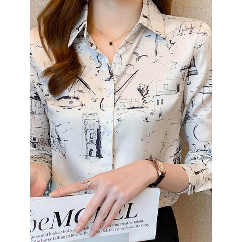 欧洲站印花白色雪纺衬衫女2025春秋新款高级感轻奢百搭宽松上衣潮