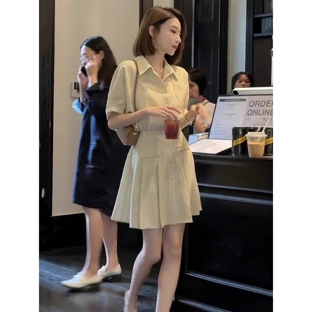 欧洲站夏季女2025新款法式短高级感气质小香风条纹Polo衬衫连衣裙