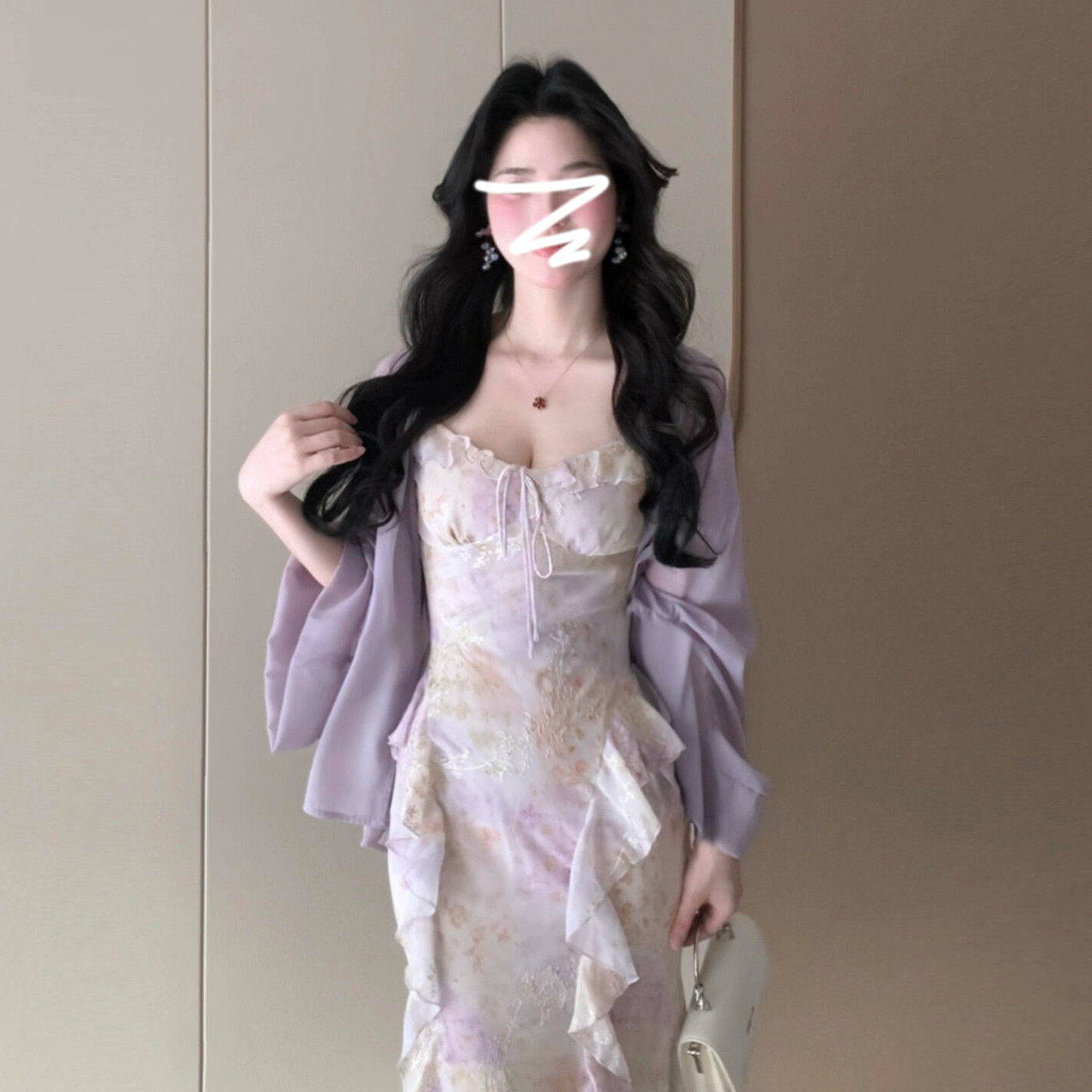 新中式法式紫色碎花吊带连衣裙子女独特漂亮绝美温柔长裙套装夏季
