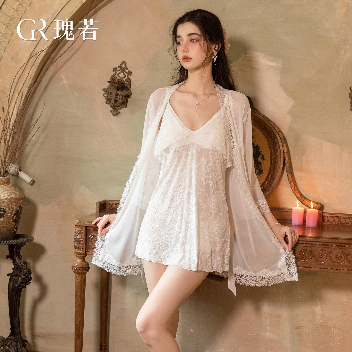 瑰若性感透视甜美烧花带胸垫双层V领吊带睡裙外袍家居服套装6562