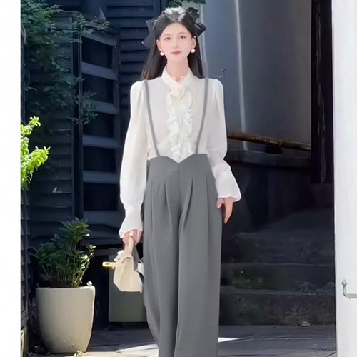 两件套2026春季新款女法式复古设计感文艺气质衬衫+长裤套装D4699