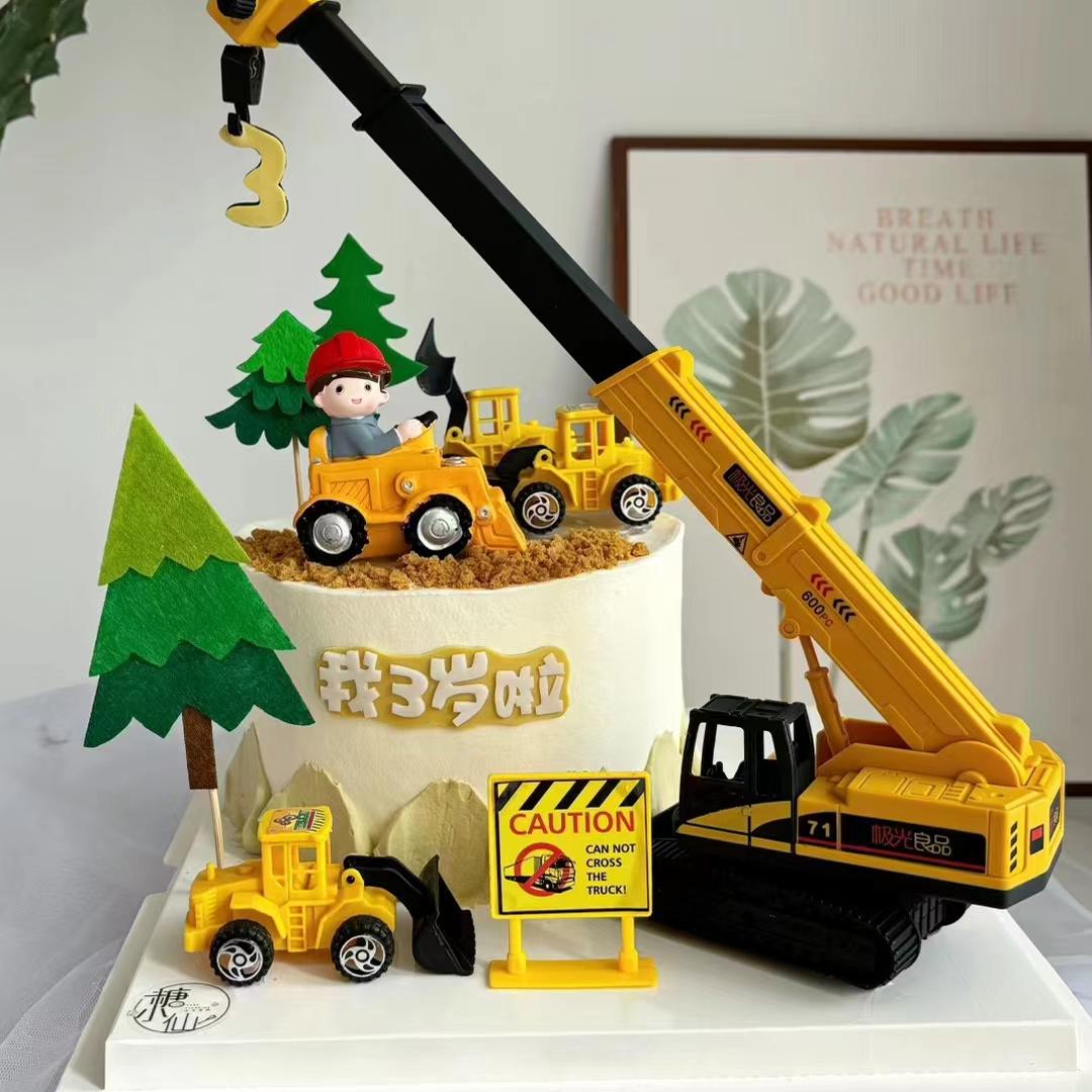 大号可伸缩施工机械起重机吊车工程车男孩生日蛋糕装饰摆件模型