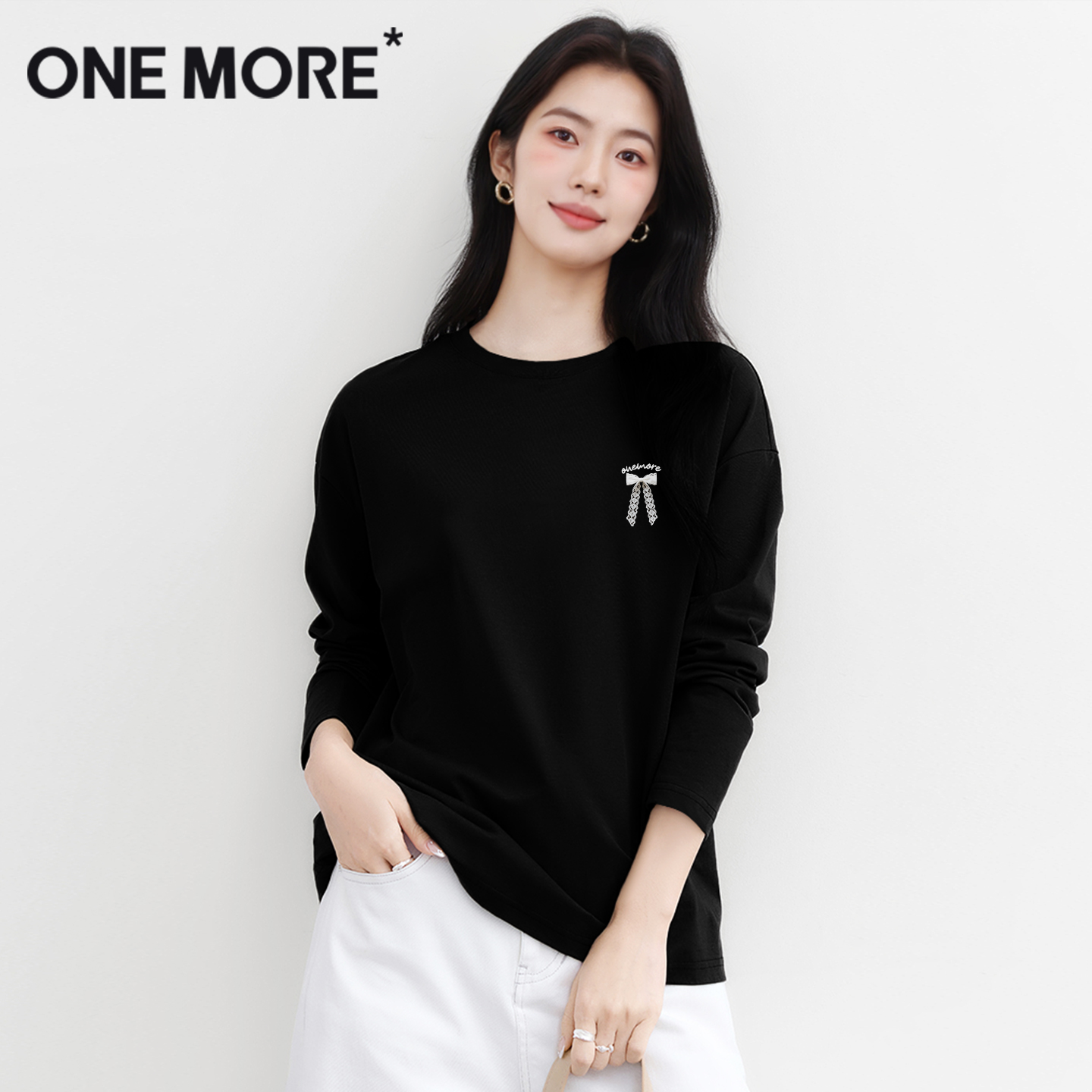 onemore黑色纯棉长袖t恤女韩系