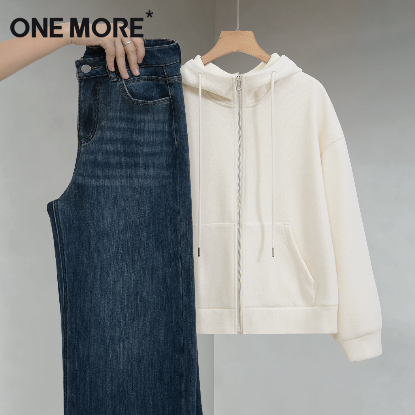 onemore加绒直筒牛仔裤女秋冬季