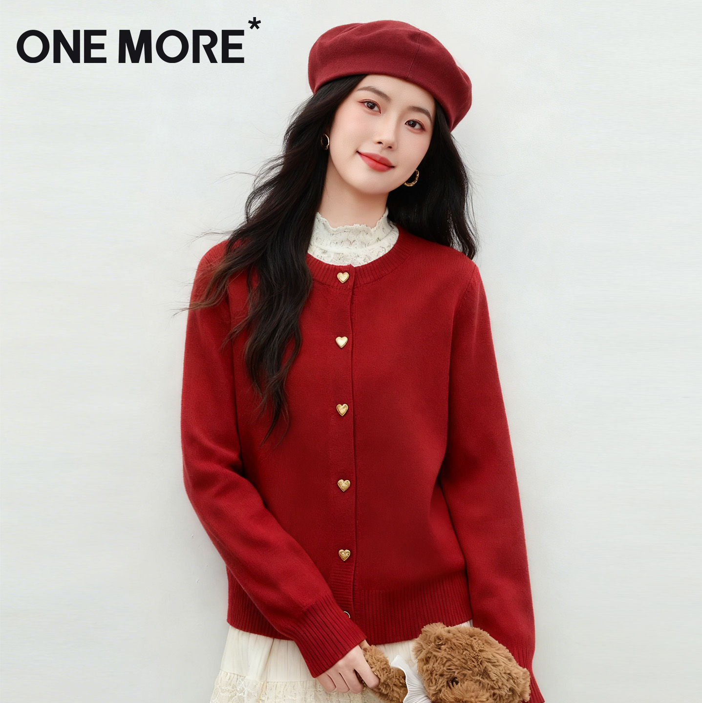 onemore红色开衫毛衣女高级感