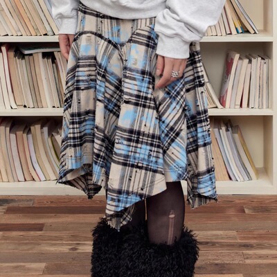 Shiitake 蓝色泼漆复古街头破洞格子半裙2024秋冬新款