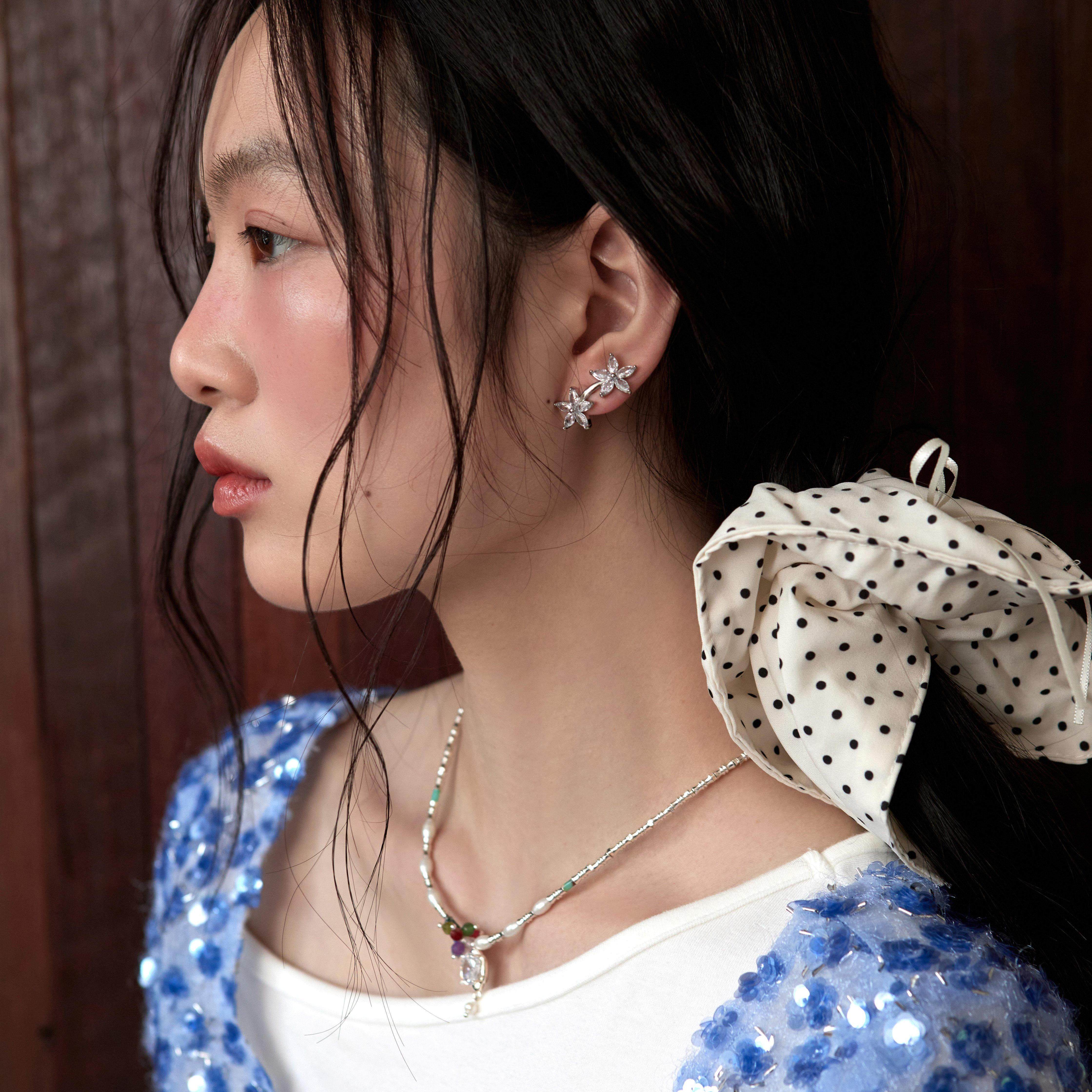 Shiitake【马吟吟浪姐同款】双层简约小花耳钉捷克钻花朵开口戒指