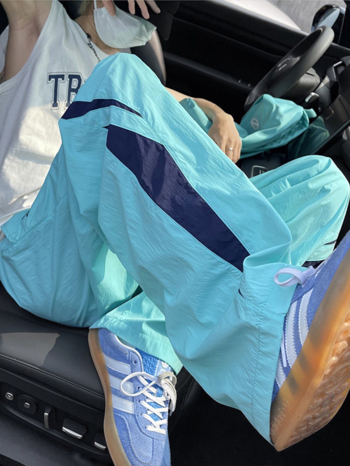 美式复古侧边条纹工装裤男薄款三条杠潮牌运动宽松直筒休闲裤子夏