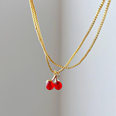 Red cherry pendant necklace women跨境红色樱桃吊坠项炼女小众