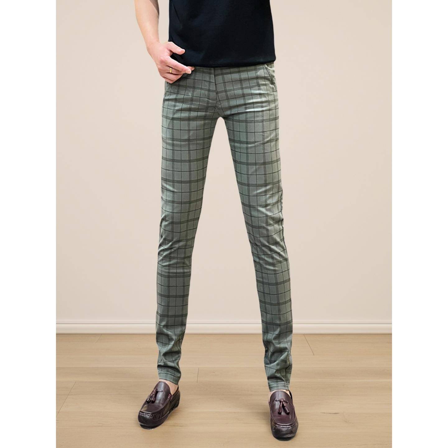 高端商务休闲裤男士秋冬季新款韩版修身免烫抗皱时尚格子长裤子男