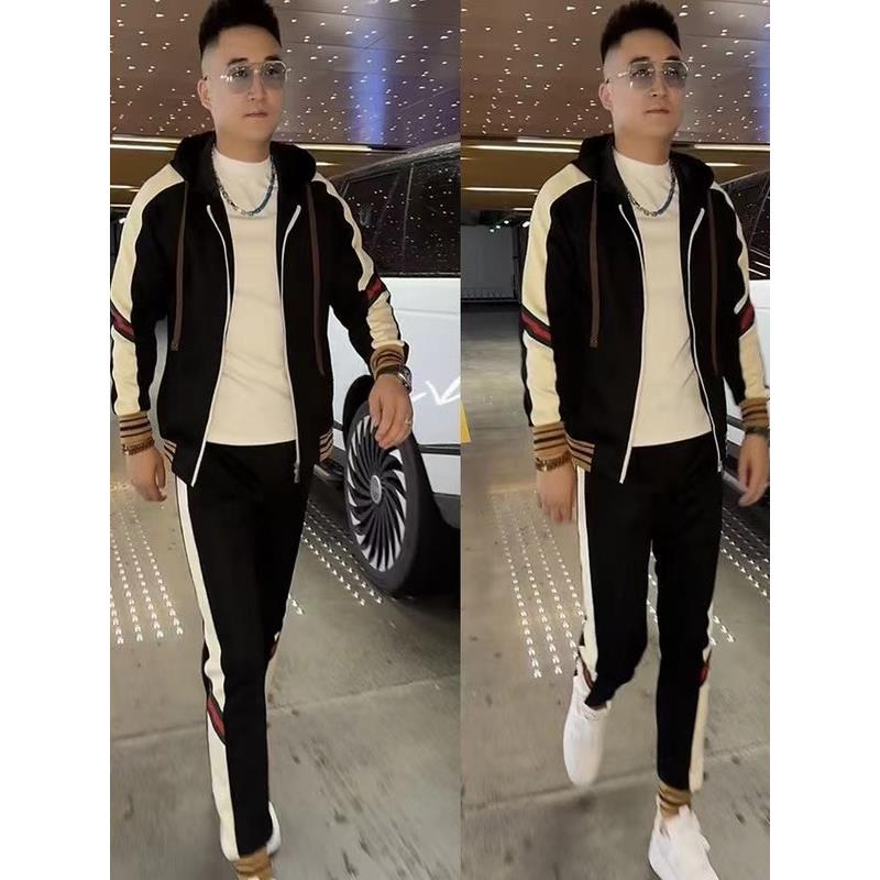高端轻奢秋季撞色拼接休闲套装男士潮流百搭连帽外套卫裤两件套