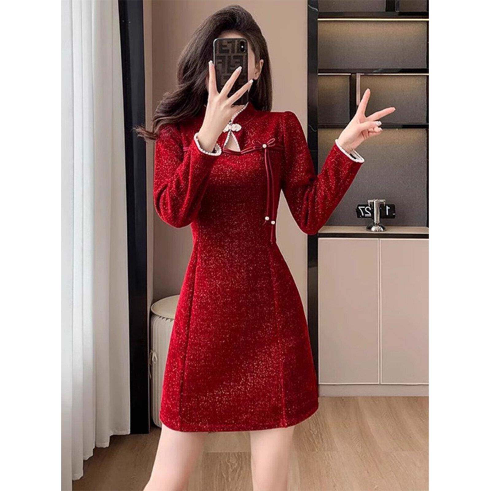 Ocnltiy高端晚礼服红色旗袍秋冬女装修身显瘦小个子新中式连衣裙