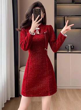 Ocnltiy高端晚礼服红色旗袍秋冬女装修身显瘦小个子新中式连衣裙