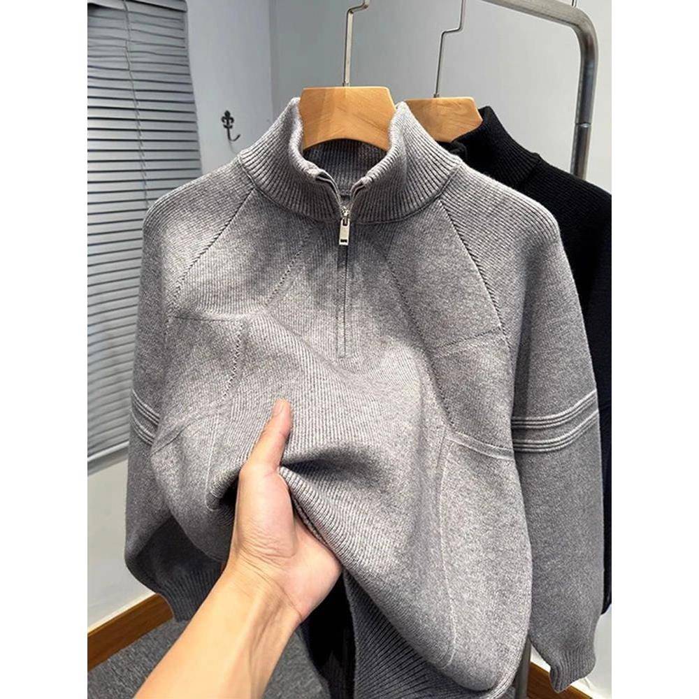 Mostarsea~春秋美式半高领毛衣男潮牌设计感针织外套灰色拉炼卫衣