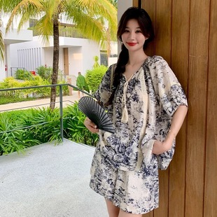 小个子居家外出棉绸两件套 欧洲站女夏季 中式 水墨印花上衣短裤 套装