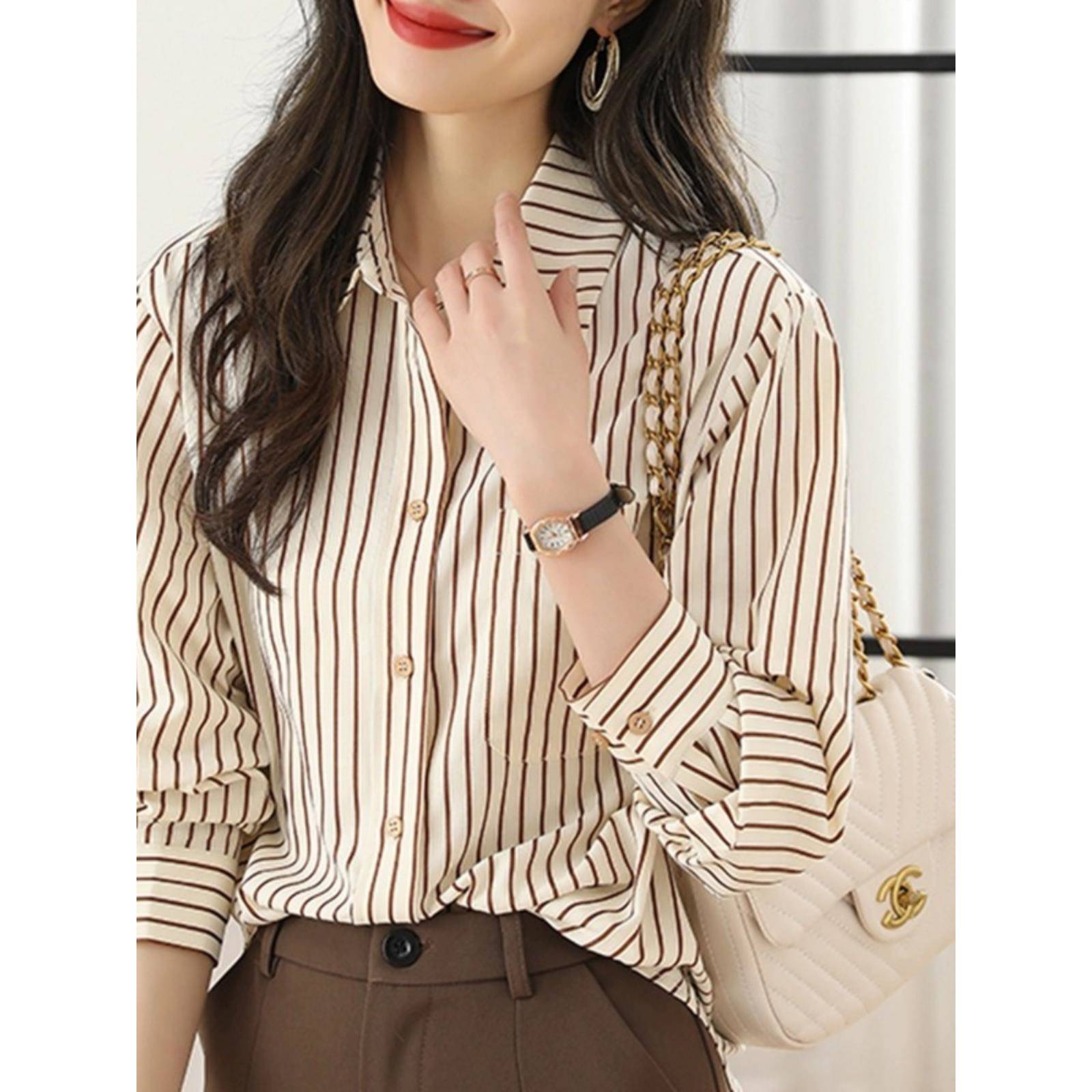 JOLIMENT长袖条纹衬衫女春秋2025年新款宽松显瘦减龄休闲别致上衣