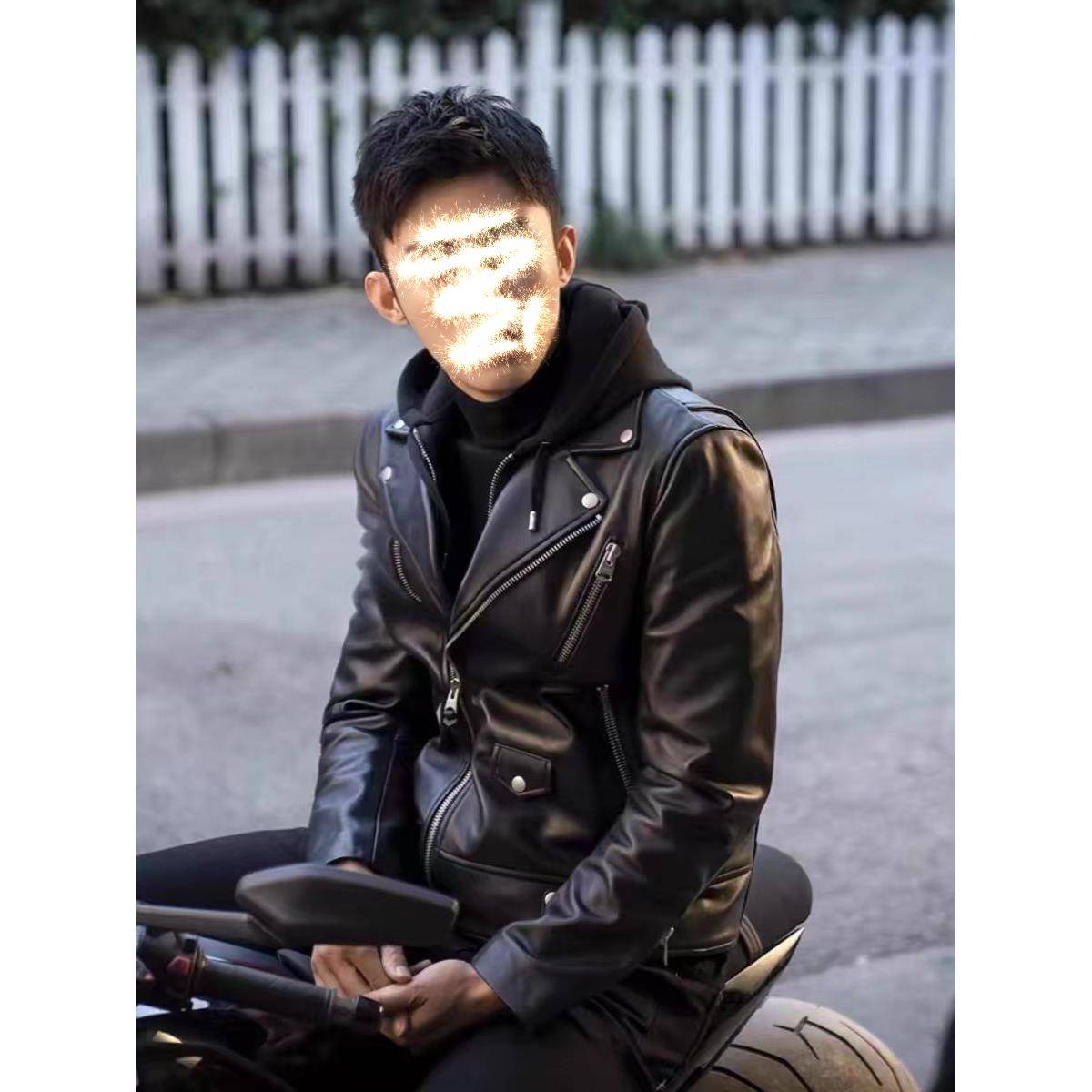 高端海宁绵羊皮皮衣男真皮外套短款修身百搭翻领加绒机车皮夹克潮