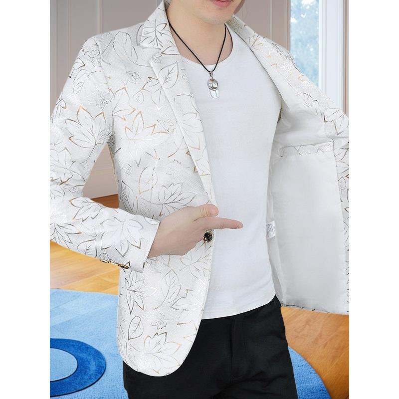 高级感休闲西服男士秋冬季新款韩版修身印花单西上衣痞帅西装外套