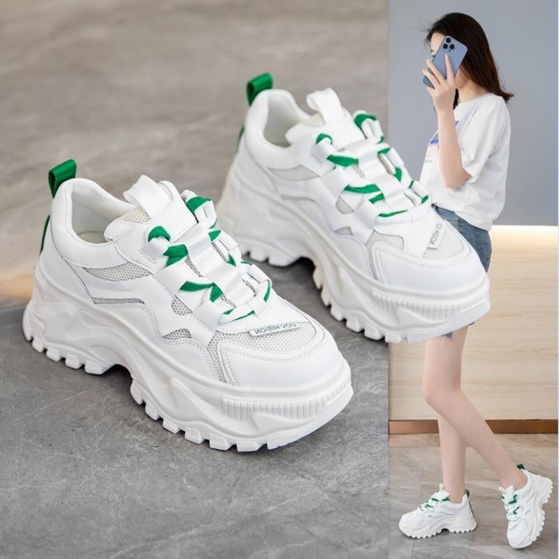 香港内增高老爹鞋女单网面透气真皮厚底小个子增高休闲松糕运